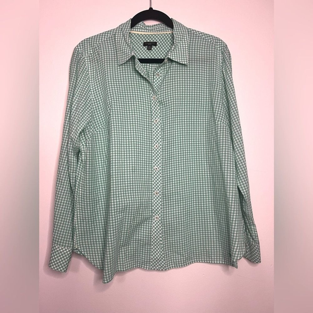 Talbots Petites Women's Button-Up Shirt XL‎ Petite Green Gingham 100% Cotton
